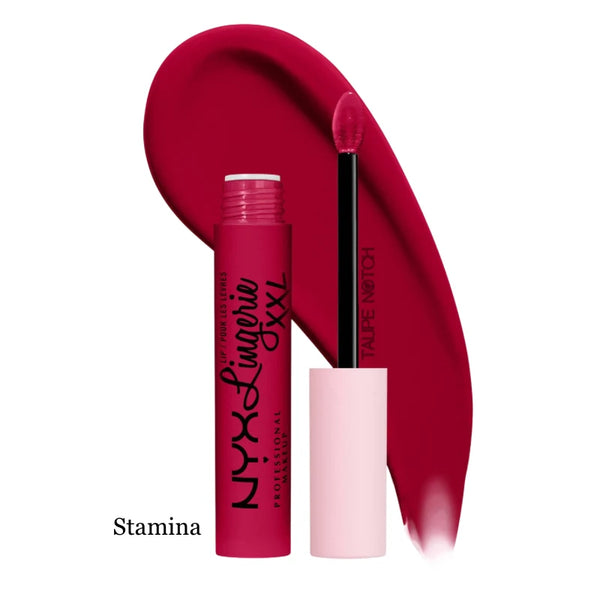 Matte liquid lipstick in Stamina shade, applicator and lip color swatch.