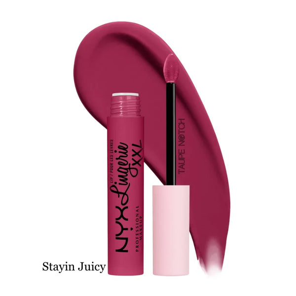 Matte liquid lipstick in Stayin Juicy shade, applicator and lip color swatch.