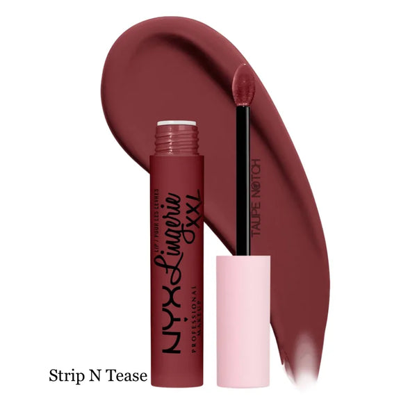 Matte liquid lipstick in Strip N Tease; plum tube and applicator with lip swatch