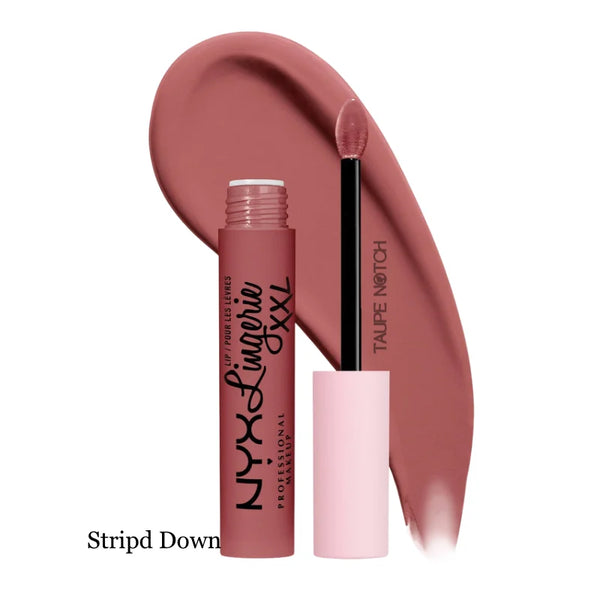 Matte liquid lipstick shade Stripd Down with wand and open tube, rose-brown matte