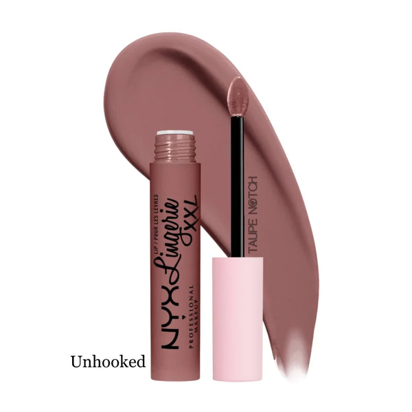 Matte liquid lipstick in Unhooked; mauve tube and applicator with lip swatch