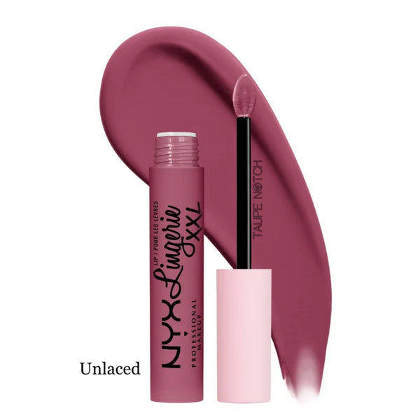 Matte liquid lipstick in Unlaced shade, applicator and lip color swatch.