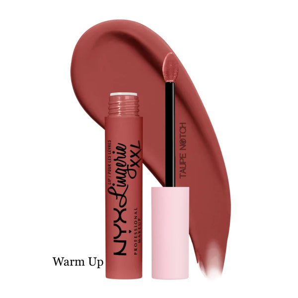 Matte liquid lipstick shade Warm Up with wand and open tube, warm rose nude matte
