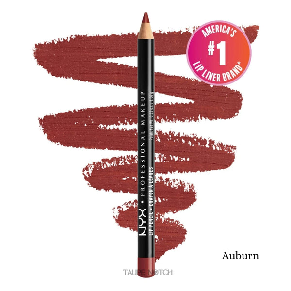Slim lip pencil (Auburn) with pointed tip and lip swatch.