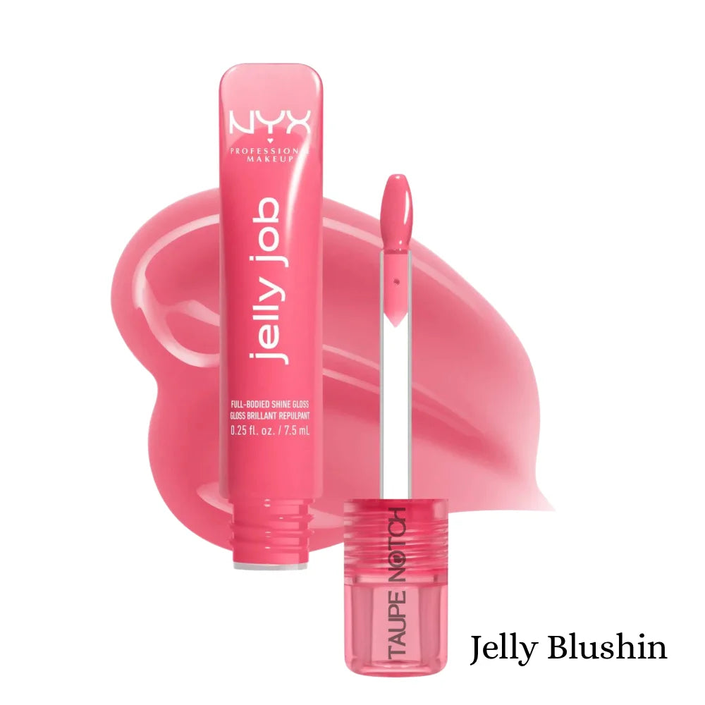 NYX Jelly Job lip gloss in pink jelly shade, clear tube with doe-foot applicator.