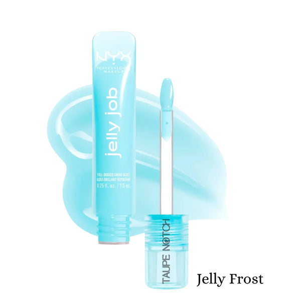 NYX Jelly Job lip gloss in light blue jelly shade, clear tube with doe-foot applicator.