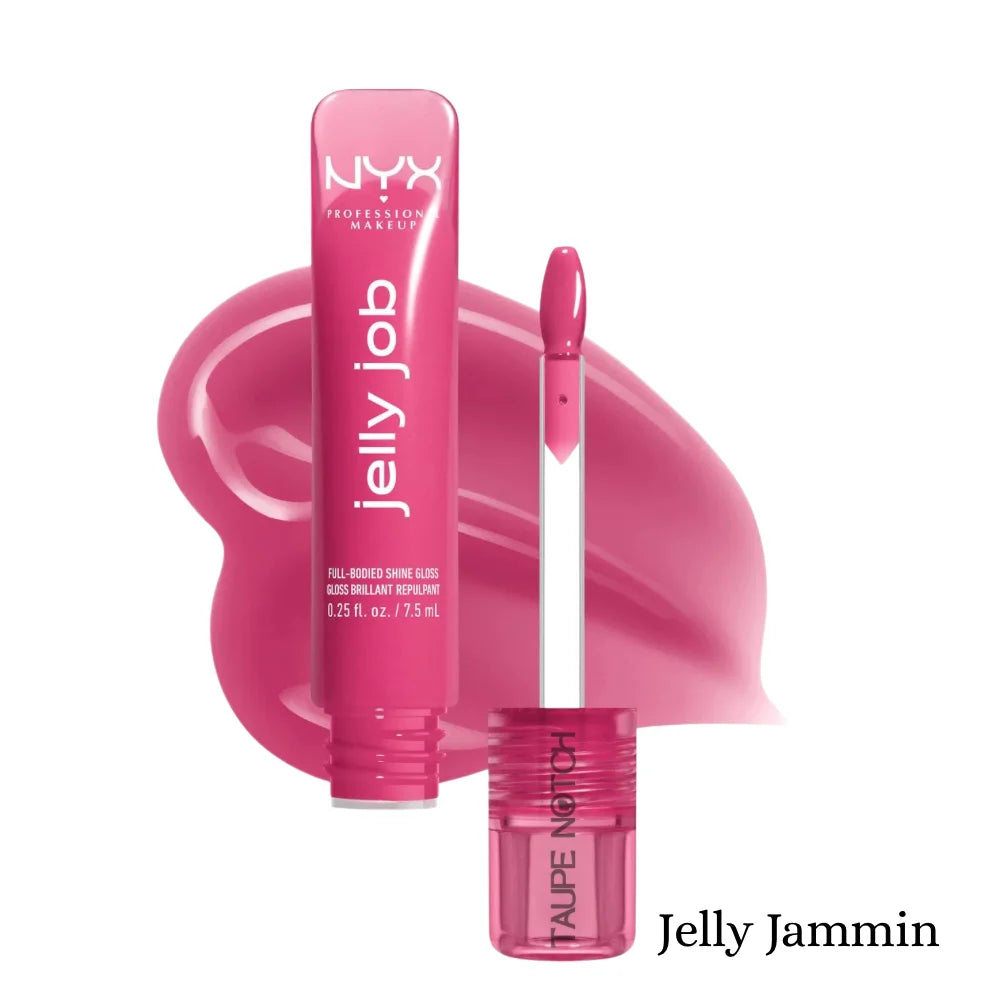 NYX Jelly Job lip gloss in magenta jelly shade, clear tube with doe-foot applicator.
