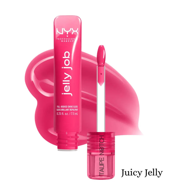 NYX Jelly Job lip gloss in bright fuchsia jelly shade, clear tube with doe-foot applicator.