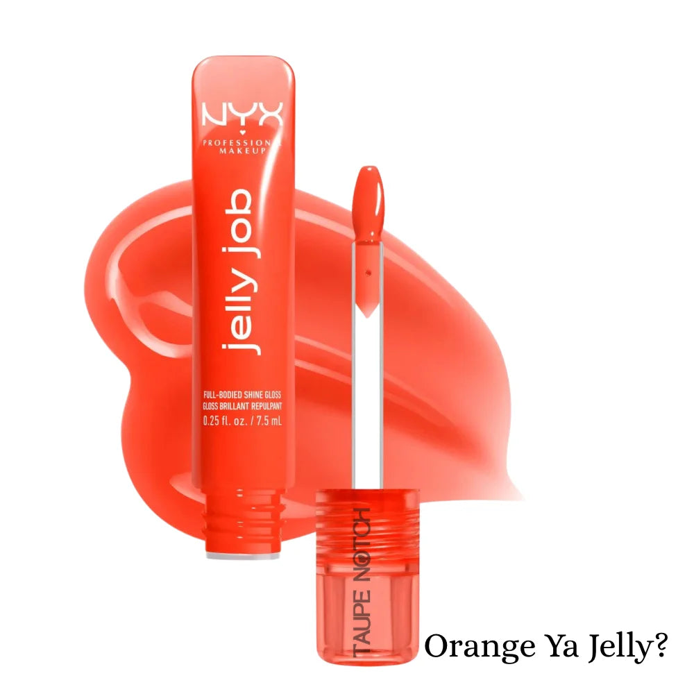 NYX Jelly Job lip gloss in orange-red jelly shade, clear tube with doe-foot applicator.