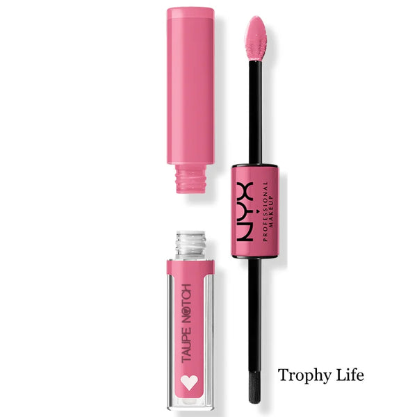 High-shine lip color in Trophy Life with applicator wand and squeeze tube