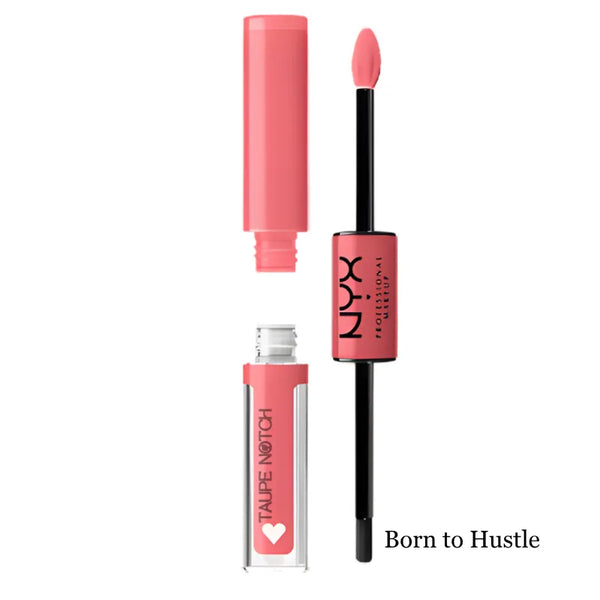 High-shine lip color in Born to Hustle with applicator wand and squeeze tube