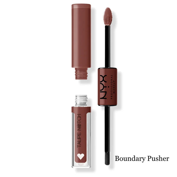High-shine lip color in Boundary Pusher with applicator wand and squeeze tube