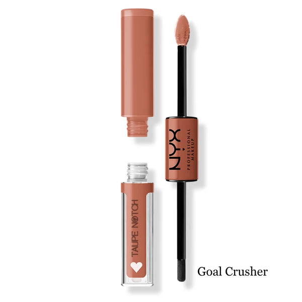 High-shine lip color in Goal Crusher with applicator wand and squeeze tube