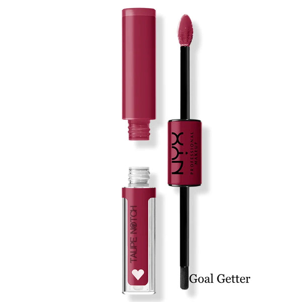 High-shine lip color with doe-foot applicator and cap, deep berry red shade.