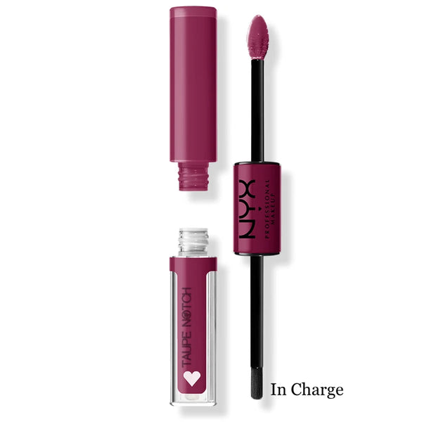 High-shine lip color in In Charge with applicator wand and squeeze tube