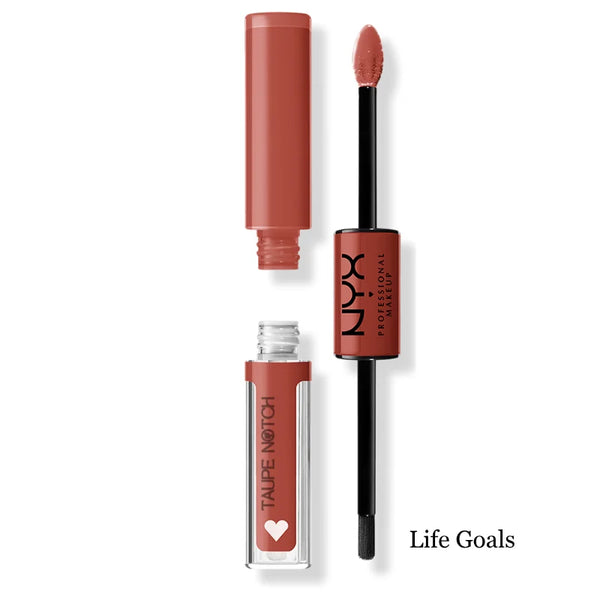 High-shine lip color in Life Goals with applicator wand and squeeze tube