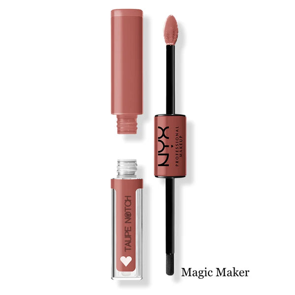 High-shine lip color with doe-foot applicator and cap, dusty rose shade.
