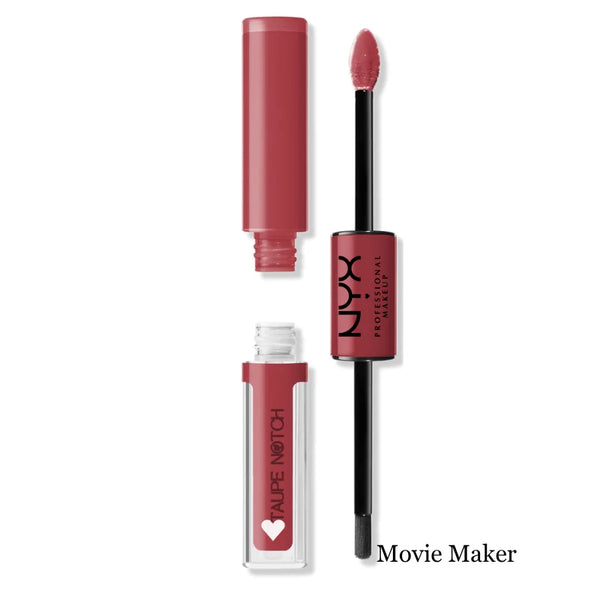 High-shine lip color with doe-foot applicator and cap, berry red shade.