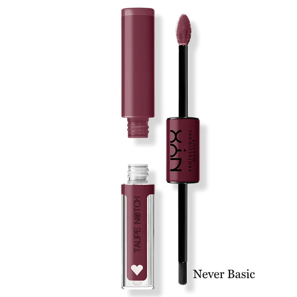 High-shine lip color in Never Basic with applicator wand and squeeze tube