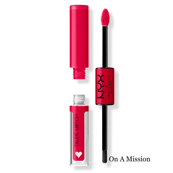 High-shine lip color with doe-foot applicator and cap, raspberry red shade.