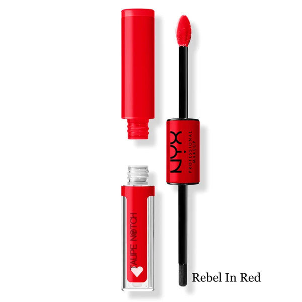 High-shine lip color with doe-foot applicator and cap, bright red shade.