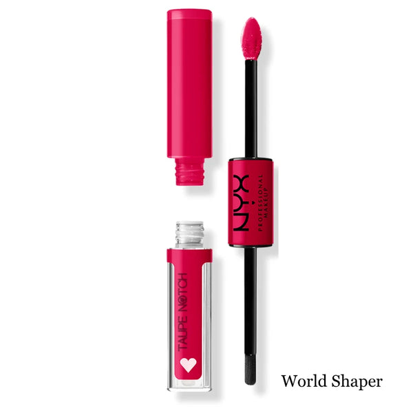 High-shine lip color with doe-foot applicator and cap, vivid magenta pink shade.