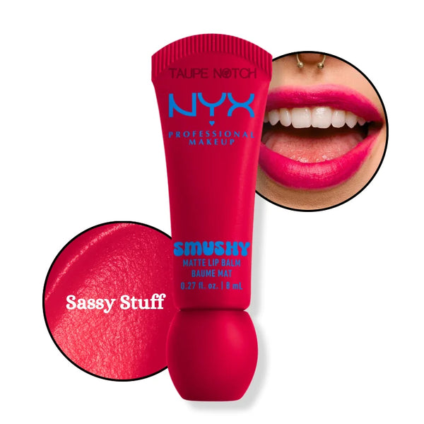 Matte lip balm in Sassy Stuff, hot pink red shade