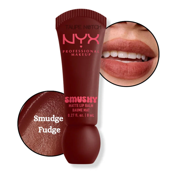 Matte lip balm in Smudge Fudge, rich plum-brown shade
