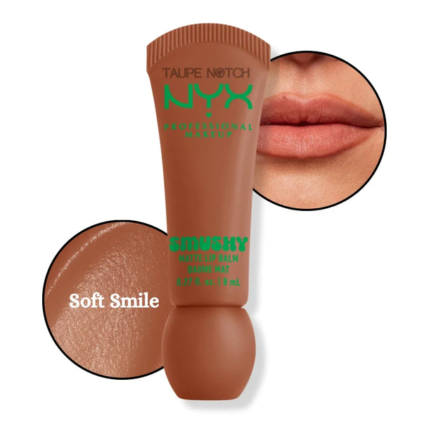 Matte lip balm in Soft Smile, warm taupe brown shade