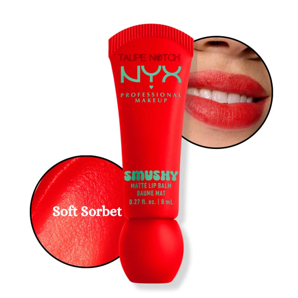Matte lip balm in Soft Sorbet, vivid red-orange shade