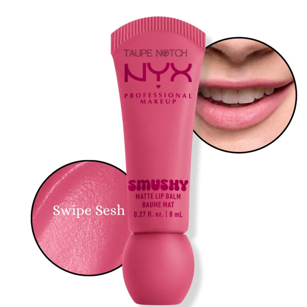 Matte lip balm in Swipe Sesh, bright pink rose shade