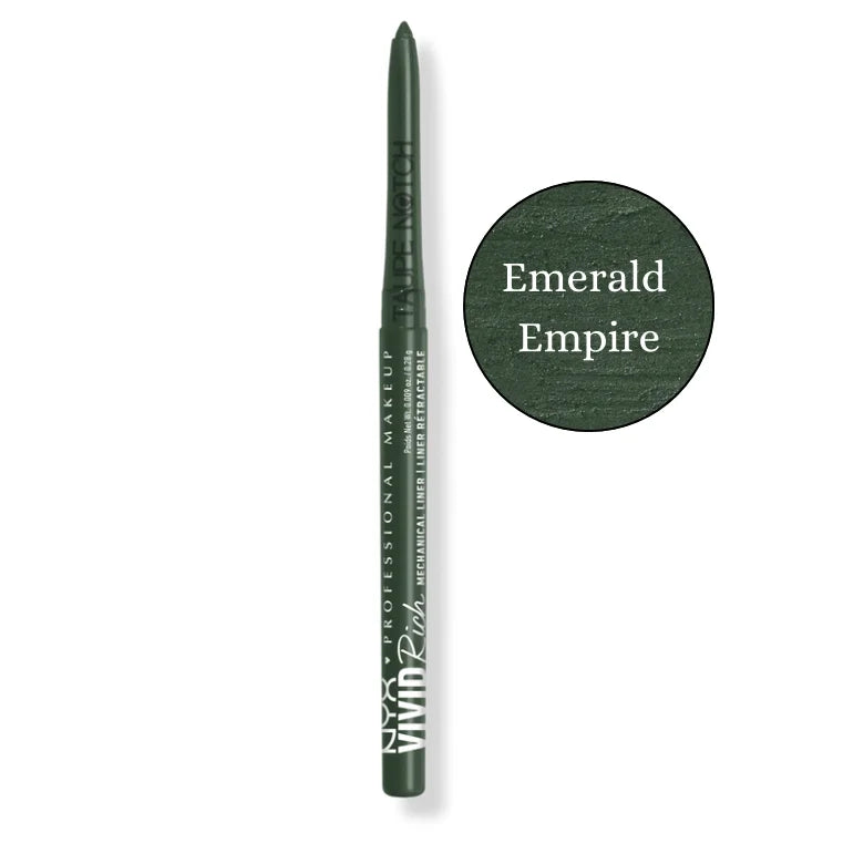 Mechanical eye liner pencil in Emerald Empire, deep green shade with swatch