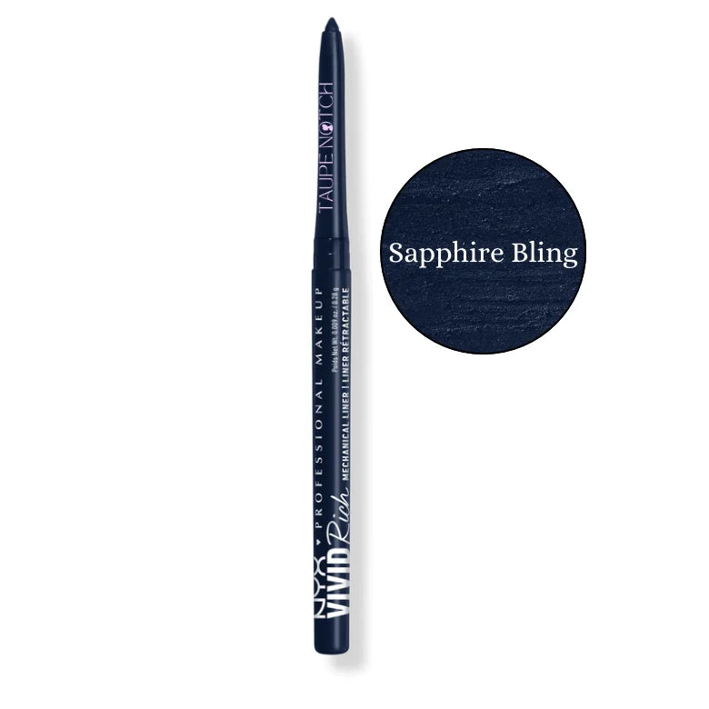 Mechanical eye liner pencil in Sapphire Bling, navy blue shade with swatch