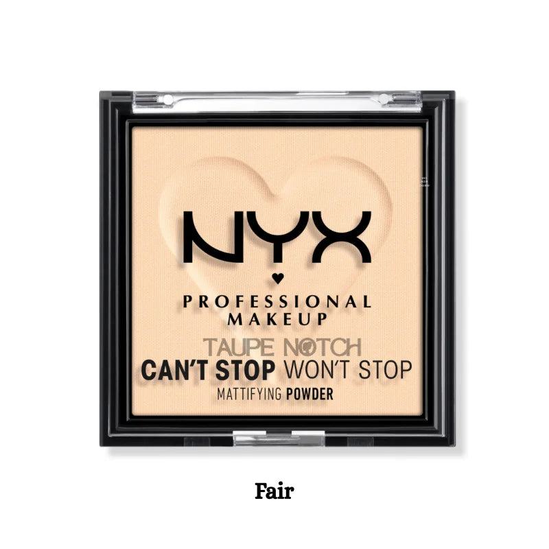 NYX mattifying powder compact in Fair shade, square pan with open lid design