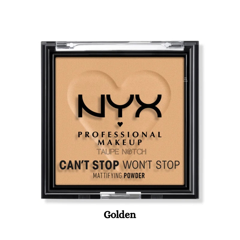 NYX mattifying powder compact in Golden shade, square pan with open lid design
