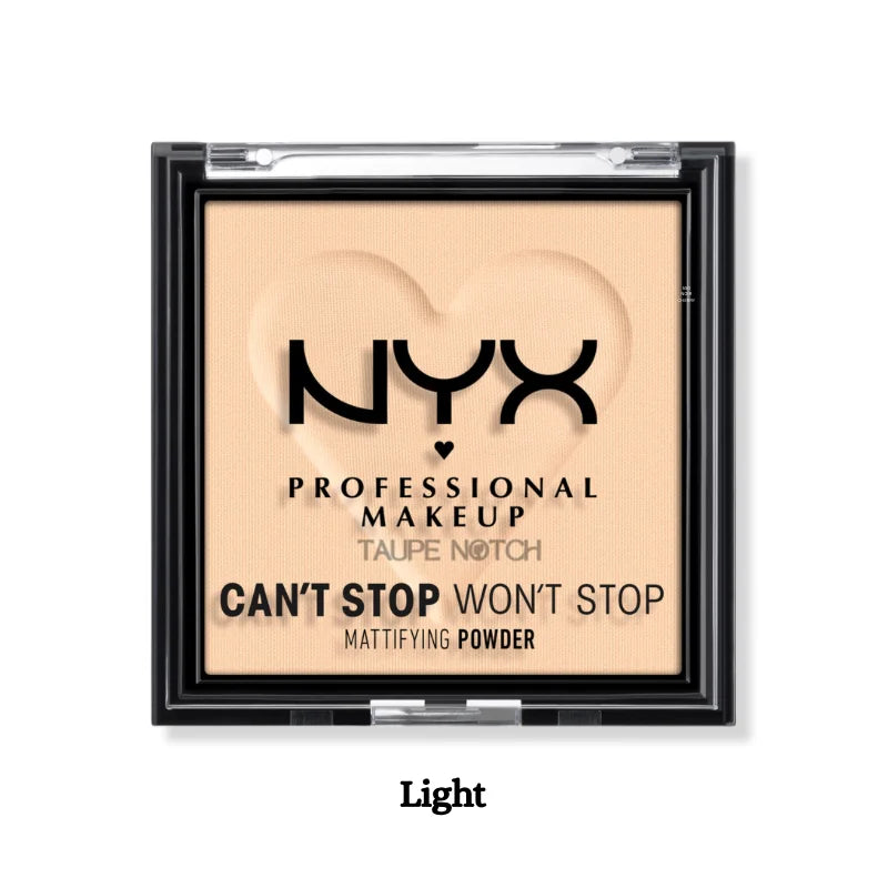 NYX mattifying powder compact in Light shade, square pan with open lid design