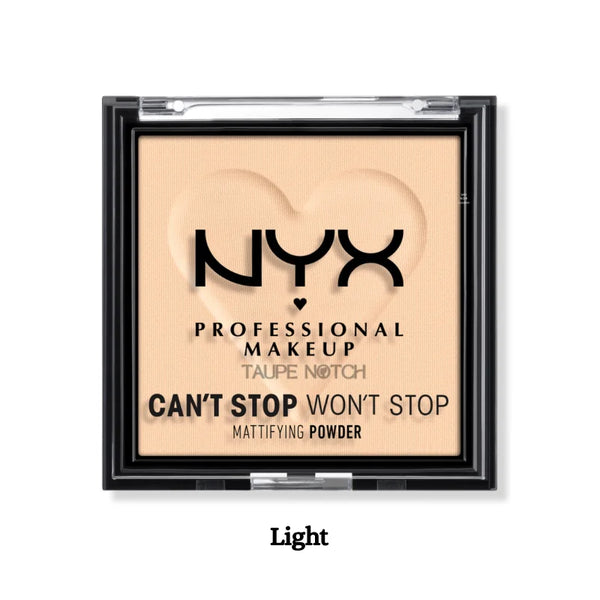 NYX mattifying powder compact in Light shade, square pan with open lid design