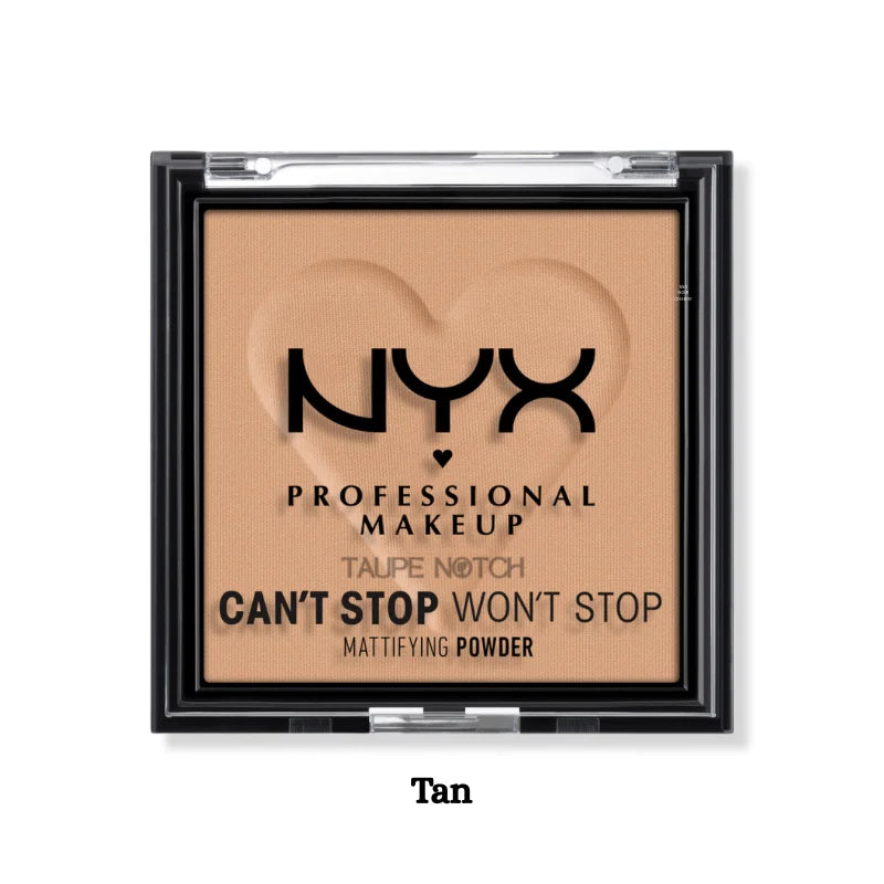 NYX mattifying powder compact in Tan shade, square pan with open lid design