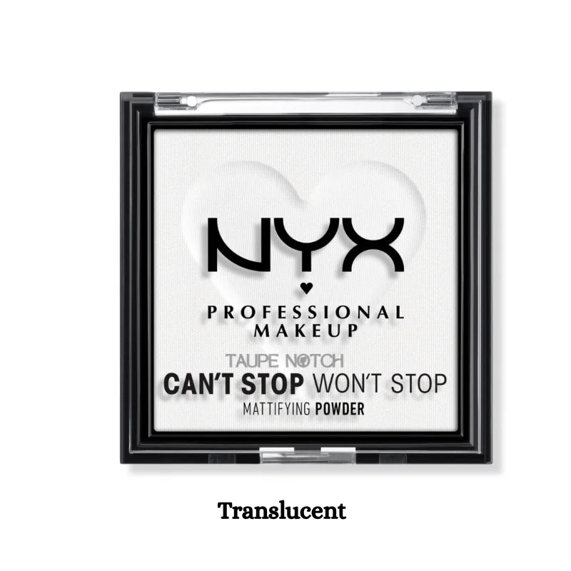 NYX mattifying powder compact in Translucent shade, square pan with open lid design