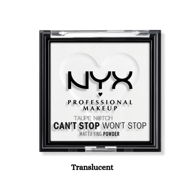 NYX mattifying powder compact in Translucent shade, square pan with open lid design