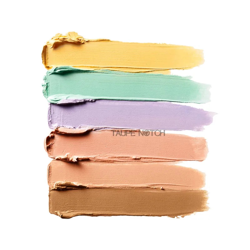 Color correcting palette swatches: yellow, mint green, lavender, peach, tan, warm brown