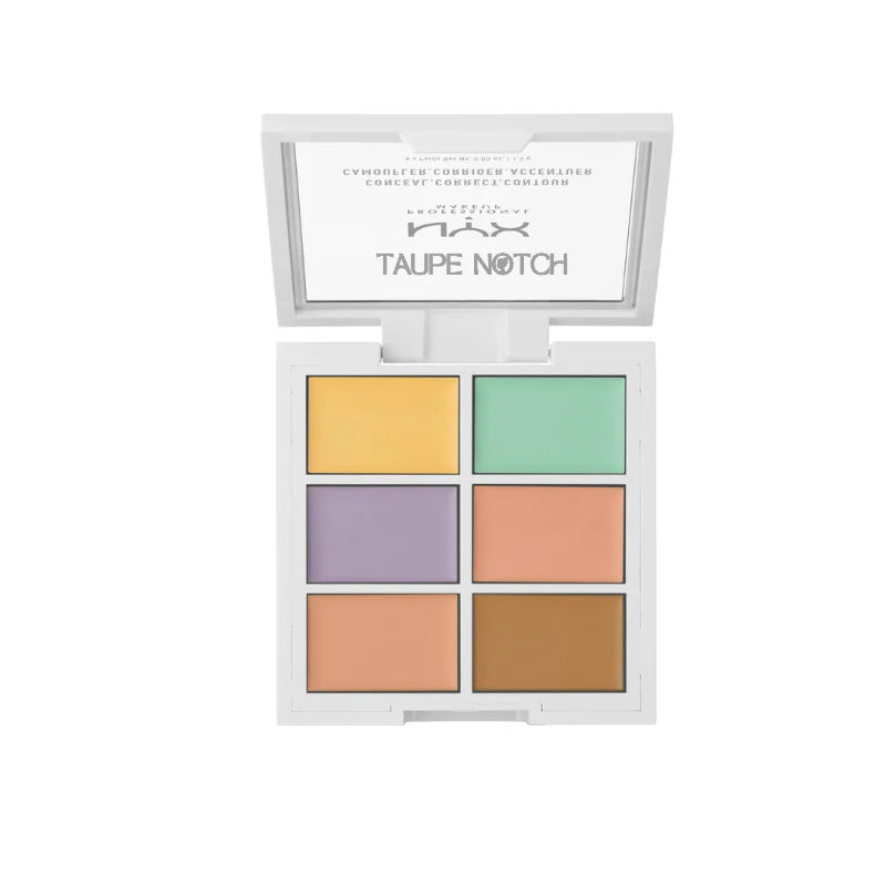 Nyx color correcting palette open, six pans: yellow, green, purple, peach, tan, brown