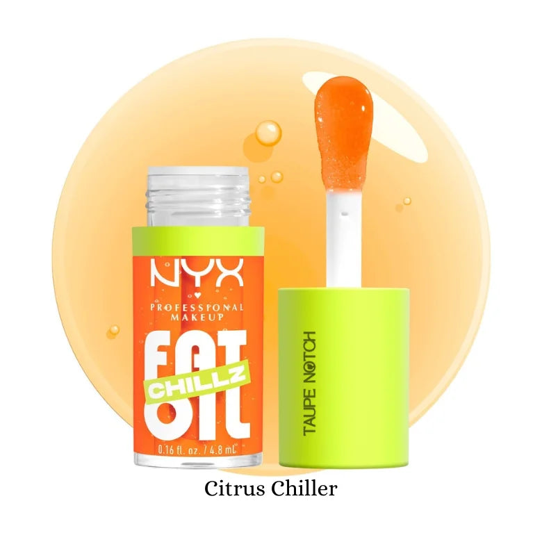 NYX Fat Oil Lip Drip in green tube; vivid orange applicator with drip