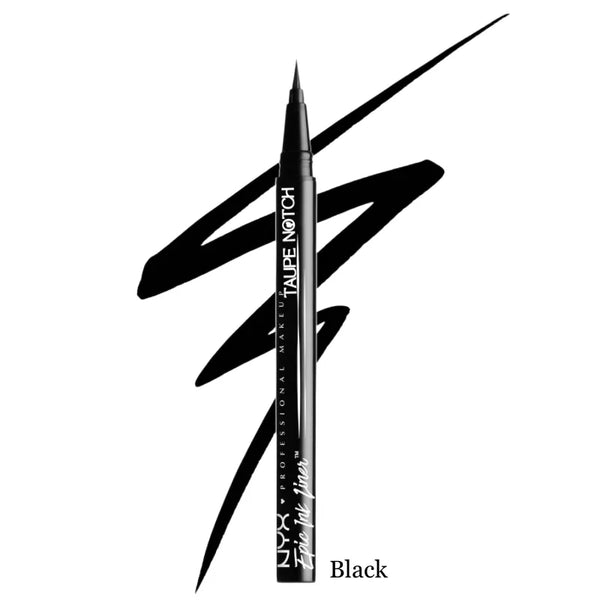 Black liquid waterproof eyeliner with felt-tip applicator and bold winged swatch.