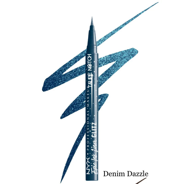 Denim Dazzle liquid waterproof eyeliner with felt-tip applicator and blue swatches.