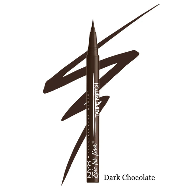 Dark Chocolate liquid waterproof eyeliner with felt-tip applicator and brown swatches.