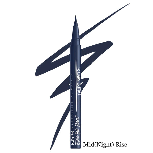 Mid(Night) Rise liquid waterproof eyeliner with felt-tip applicator and dark navy swatches.