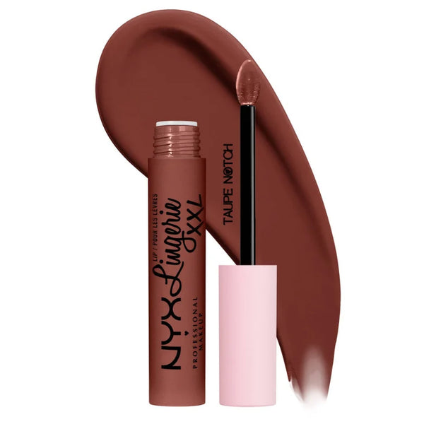 NYX lip liner pencil with taupe-brown balm and matching gloss tube.
