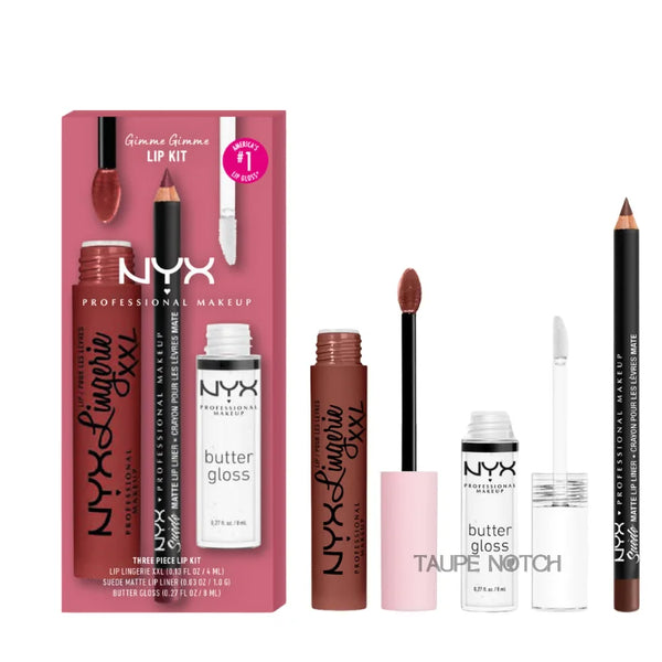 NYX three-piece lip kit with lip glosses and lip liner in a boxed set.