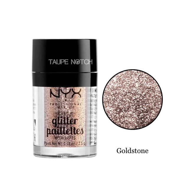 NYX metallic glitter pot, Goldstone rose-gold glitter in jar with black lid